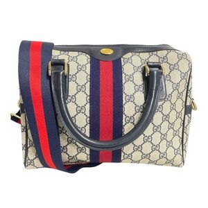 Gucci Beige GG Canvas Crossbody Satchel with Navy & Red Stripe